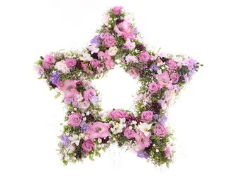 Gesteck in Sternform mit rosa-weißen Blumen