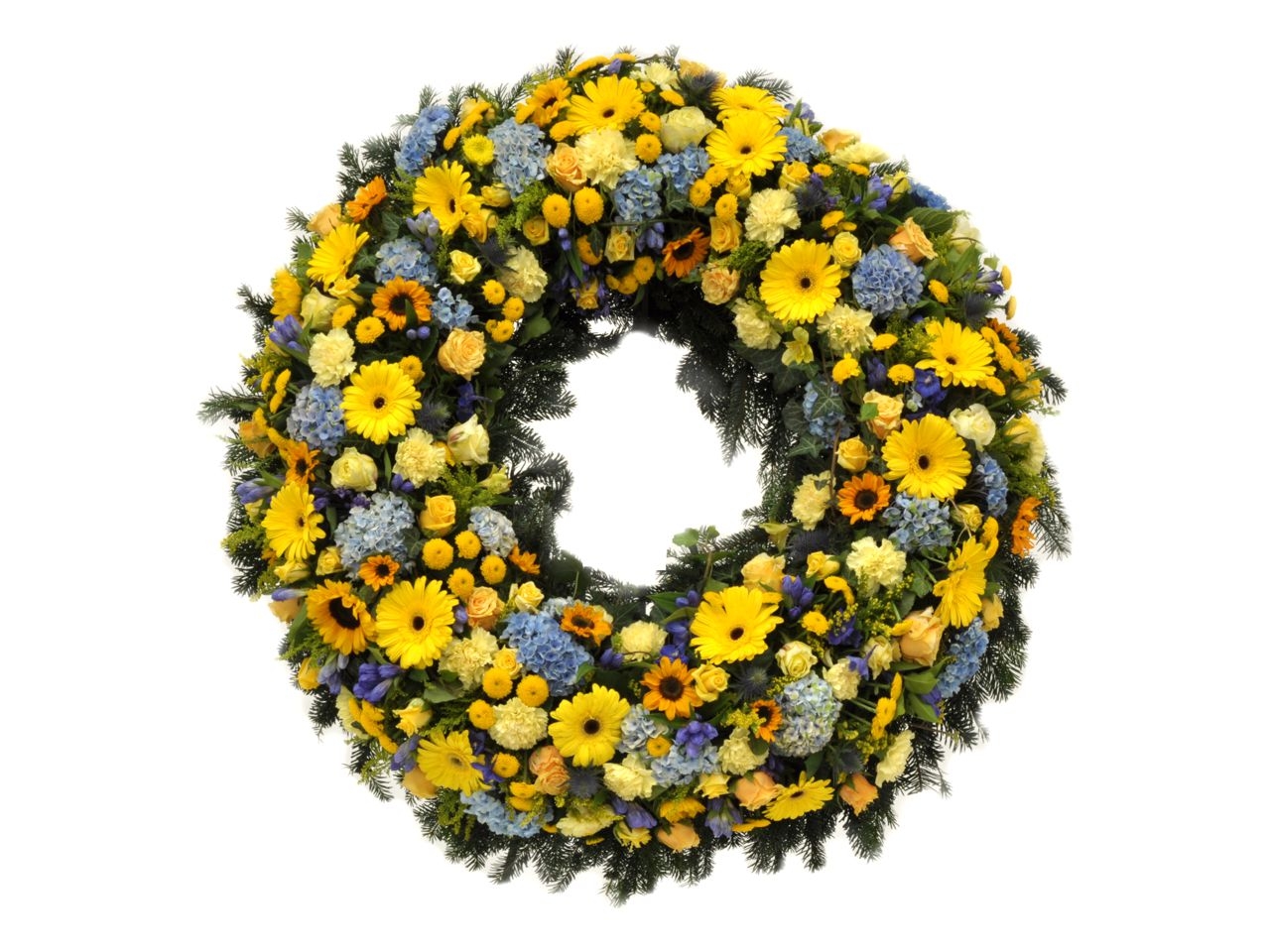 Biedermeierkranz mit blauen und gelben Blumen